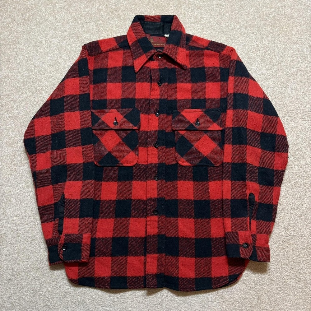 Vtg 70s Kings‎ Road Sears Shirt Mens Medium Red Black Buffalo Plaid Flannel